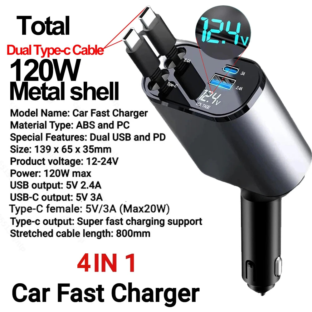 7-in-1 Retractable Car Charger Fast Charging USB Type-C Power Adapter With LED Retractable Cable for iPhone Xiaomi