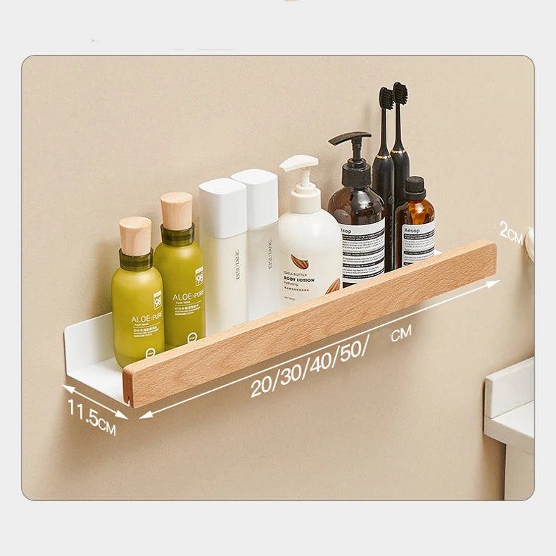 Bathroom Shelf No Drill Organizer Shower Storage Rack Solid Wood Corner Shelves Wall Mounted Toilet Shampoo Holder