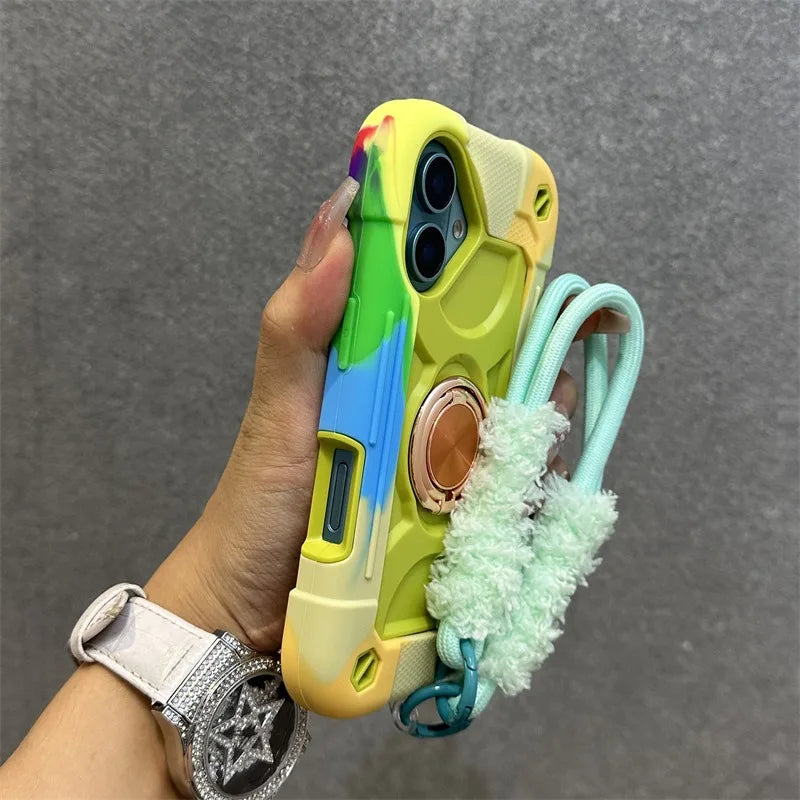 Luxury Heavy Duty Ring Holder Lanyard Case for iPhone 17 ProMax 16e PC TPU Armor Cover for iPhone 11 12 13 14 15 16 Pro Max Plus