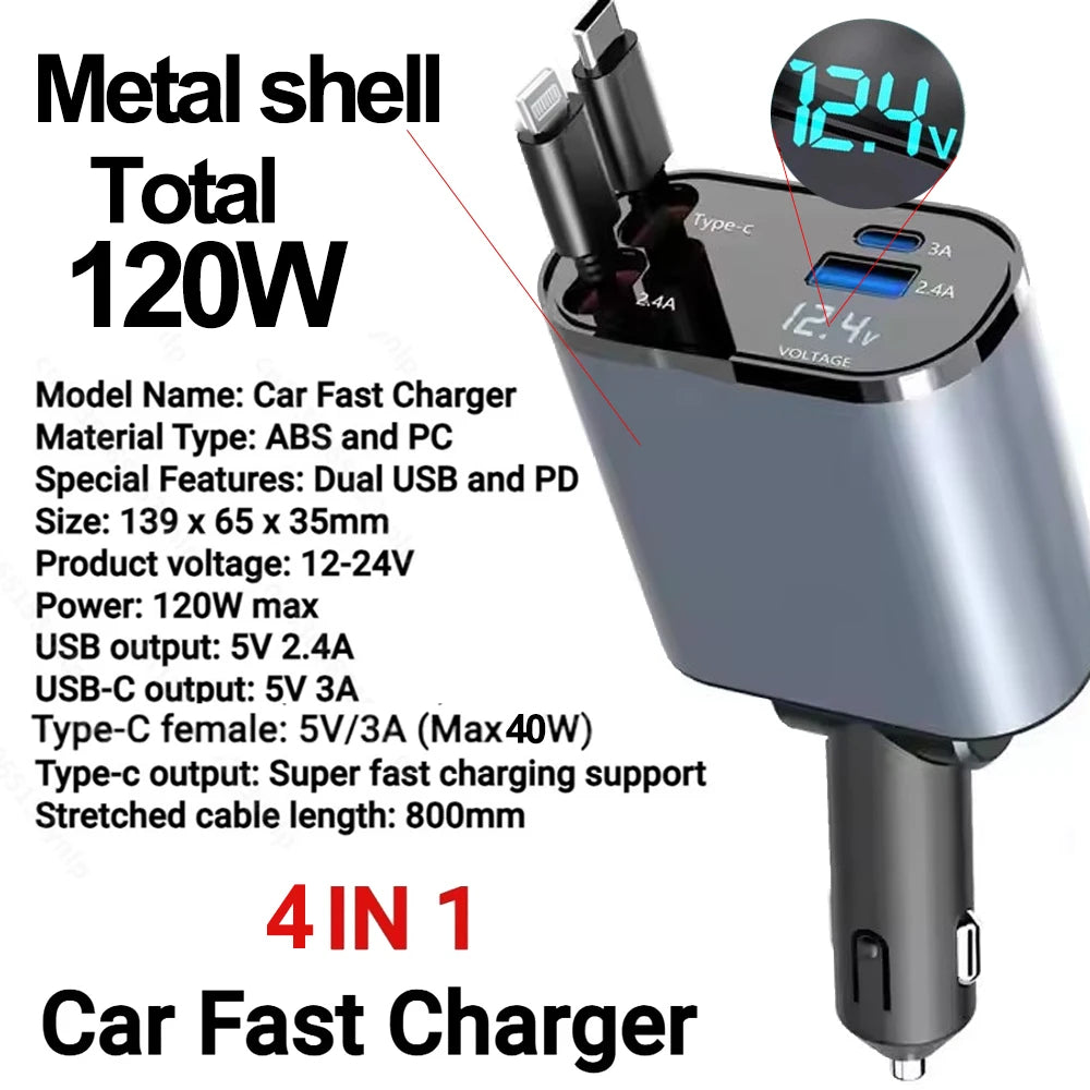 7-in-1 Retractable Car Charger Fast Charging USB Type-C Power Adapter With LED Retractable Cable for iPhone Xiaomi