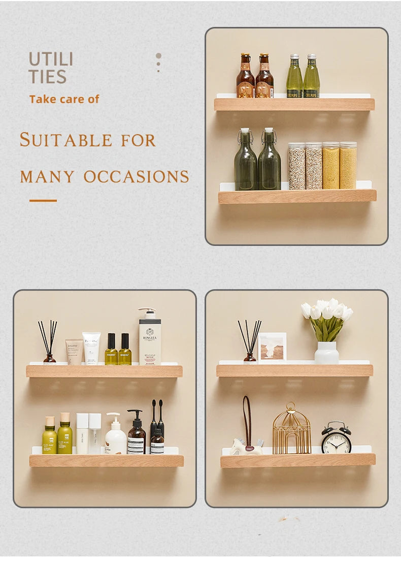 Bathroom Shelf No Drill Organizer Shower Storage Rack Solid Wood Corner Shelves Wall Mounted Toilet Shampoo Holder