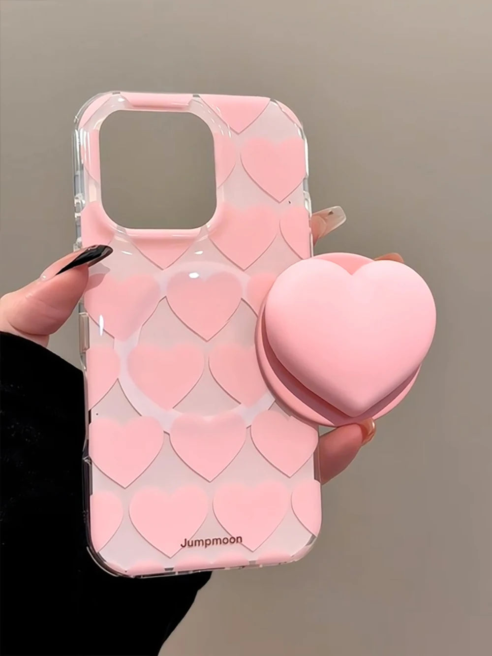 Cute Pink Heart Love Magnetic Grip Tok Phone Case for iPhone 16 15 14 13 Pro Max Wireless Charge For Magsafe Stand Holder Cover