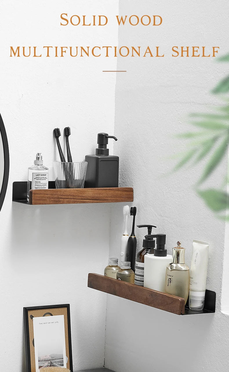 Bathroom Shelf No Drill Organizer Shower Storage Rack Solid Wood Corner Shelves Wall Mounted Toilet Shampoo Holder