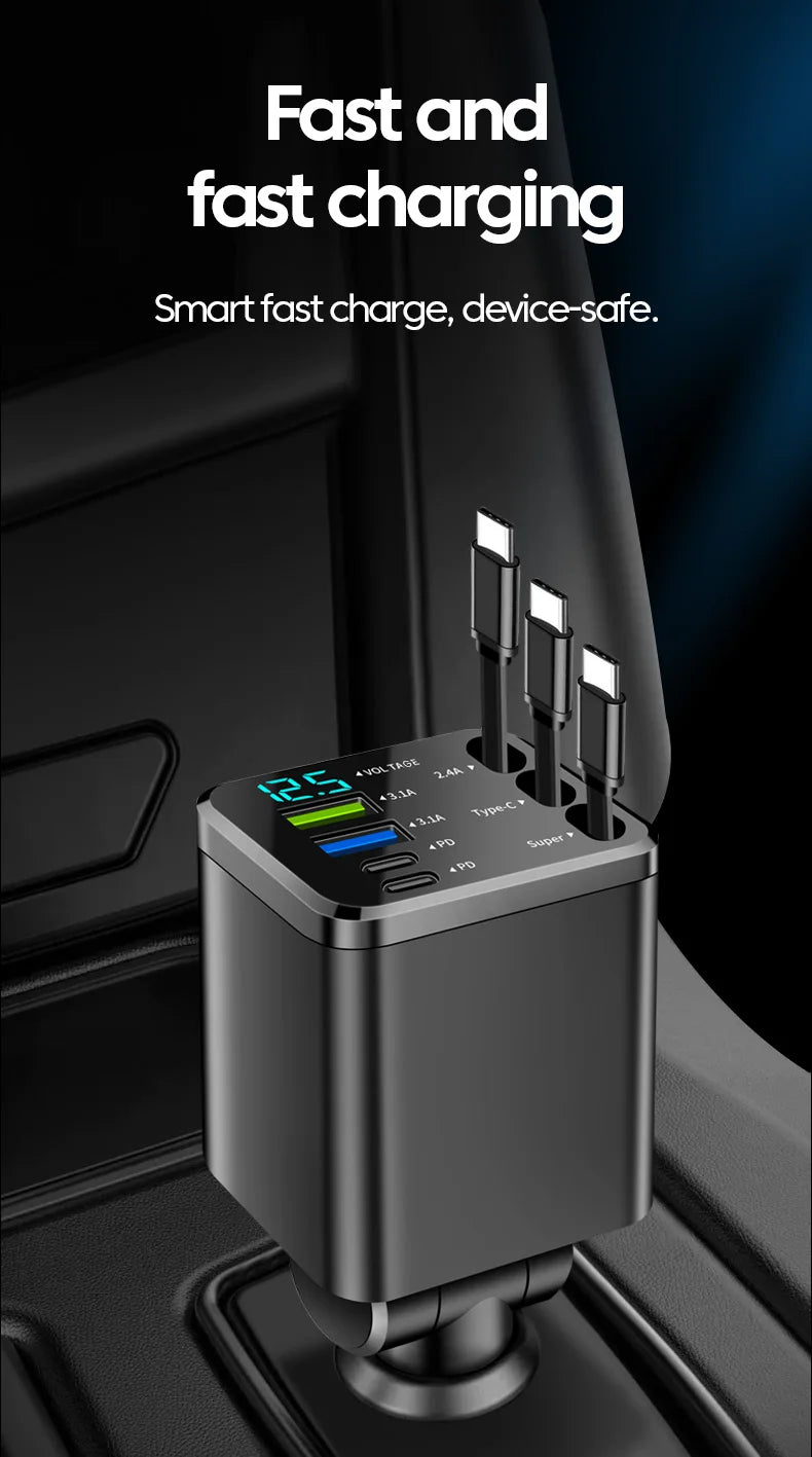 7-in-1 Retractable Car Charger Fast Charging USB Type-C Power Adapter With LED Retractable Cable for iPhone Xiaomi
