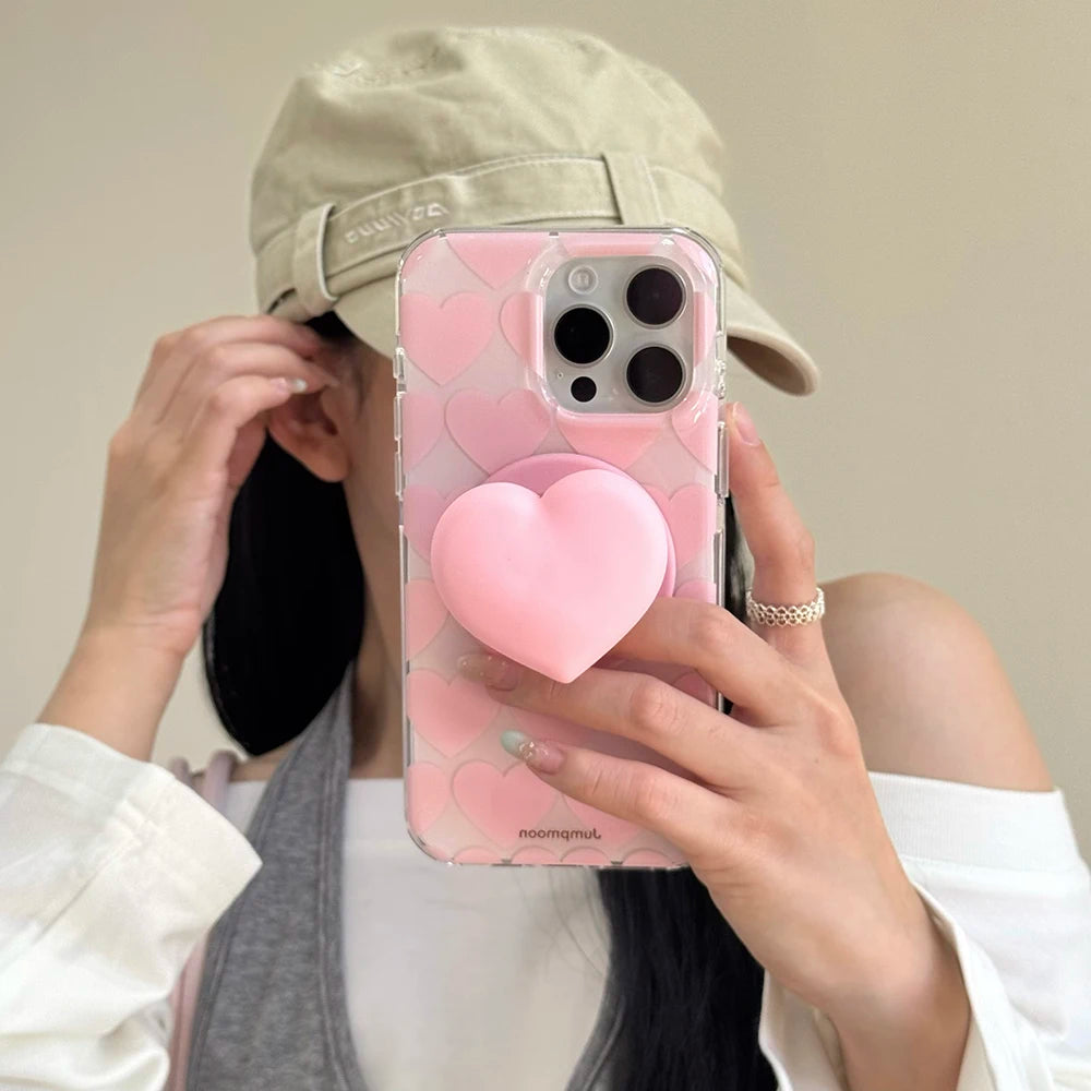 Cute Pink Heart Love Magnetic Grip Tok Phone Case for iPhone 16 15 14 13 Pro Max Wireless Charge For Magsafe Stand Holder Cover