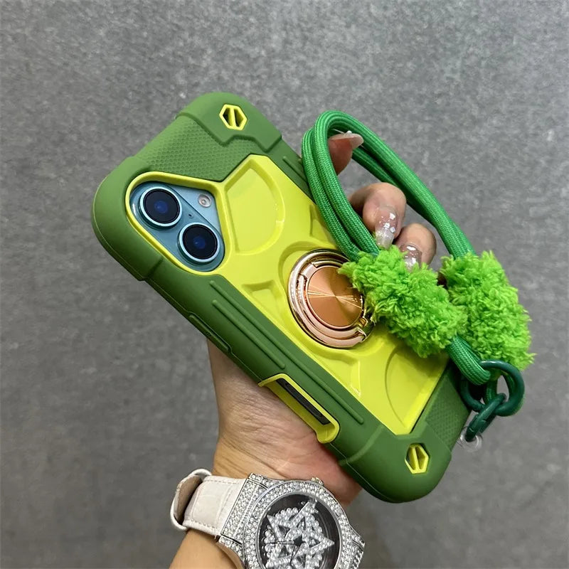 Luxury Heavy Duty Ring Holder Lanyard Case for iPhone 17 ProMax 16e PC TPU Armor Cover for iPhone 11 12 13 14 15 16 Pro Max Plus
