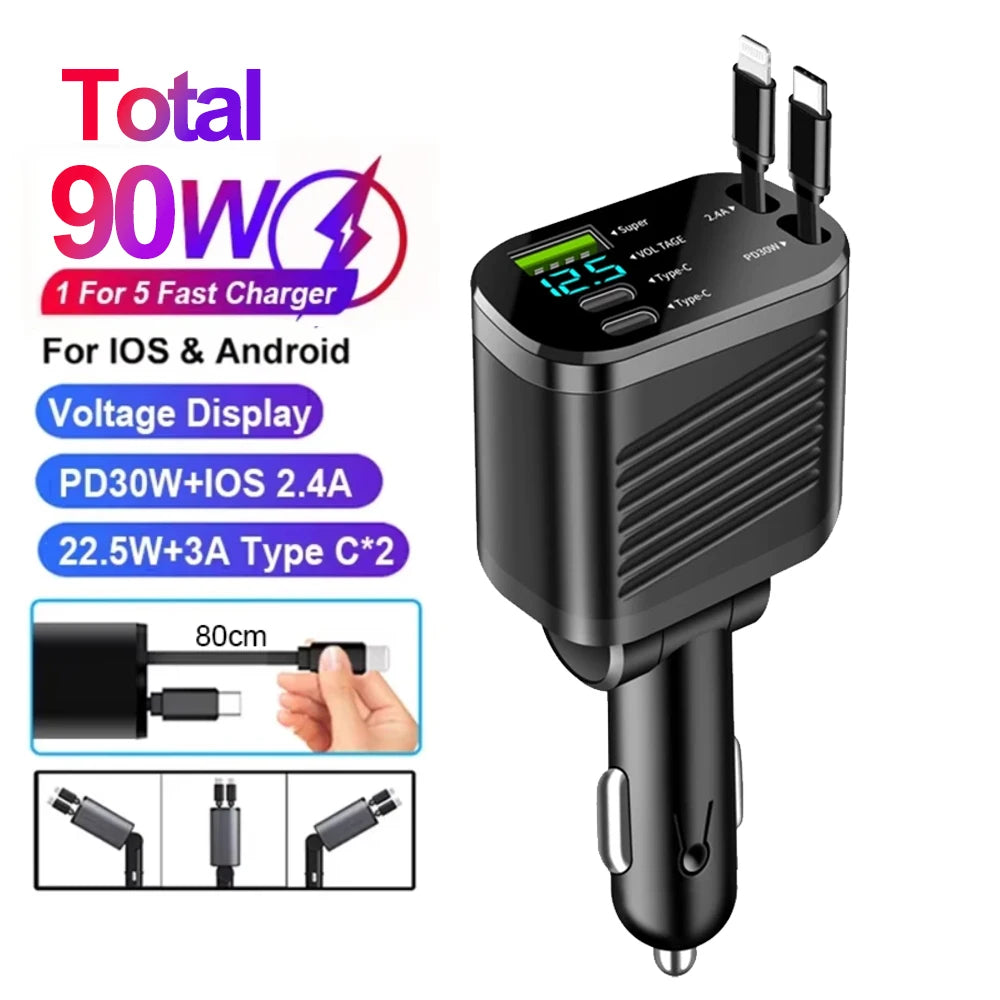 7-in-1 Retractable Car Charger Fast Charging USB Type-C Power Adapter With LED Retractable Cable for iPhone Xiaomi