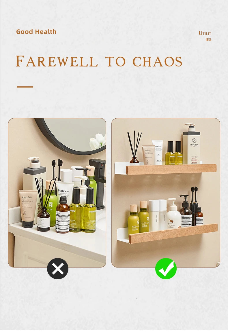 Bathroom Shelf No Drill Organizer Shower Storage Rack Solid Wood Corner Shelves Wall Mounted Toilet Shampoo Holder