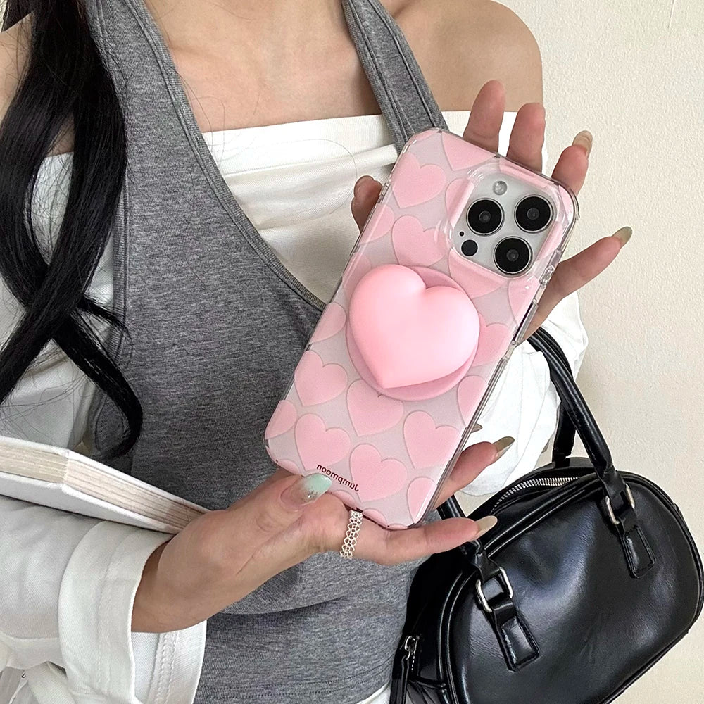 Cute Pink Heart Love Magnetic Grip Tok Phone Case for iPhone 16 15 14 13 Pro Max Wireless Charge For Magsafe Stand Holder Cover