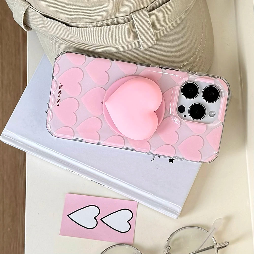 Cute Pink Heart Love Magnetic Grip Tok Phone Case for iPhone 16 15 14 13 Pro Max Wireless Charge For Magsafe Stand Holder Cover