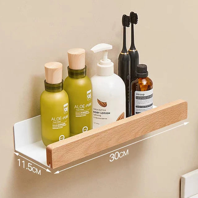 Bathroom Shelf No Drill Organizer Shower Storage Rack Solid Wood Corner Shelves Wall Mounted Toilet Shampoo Holder