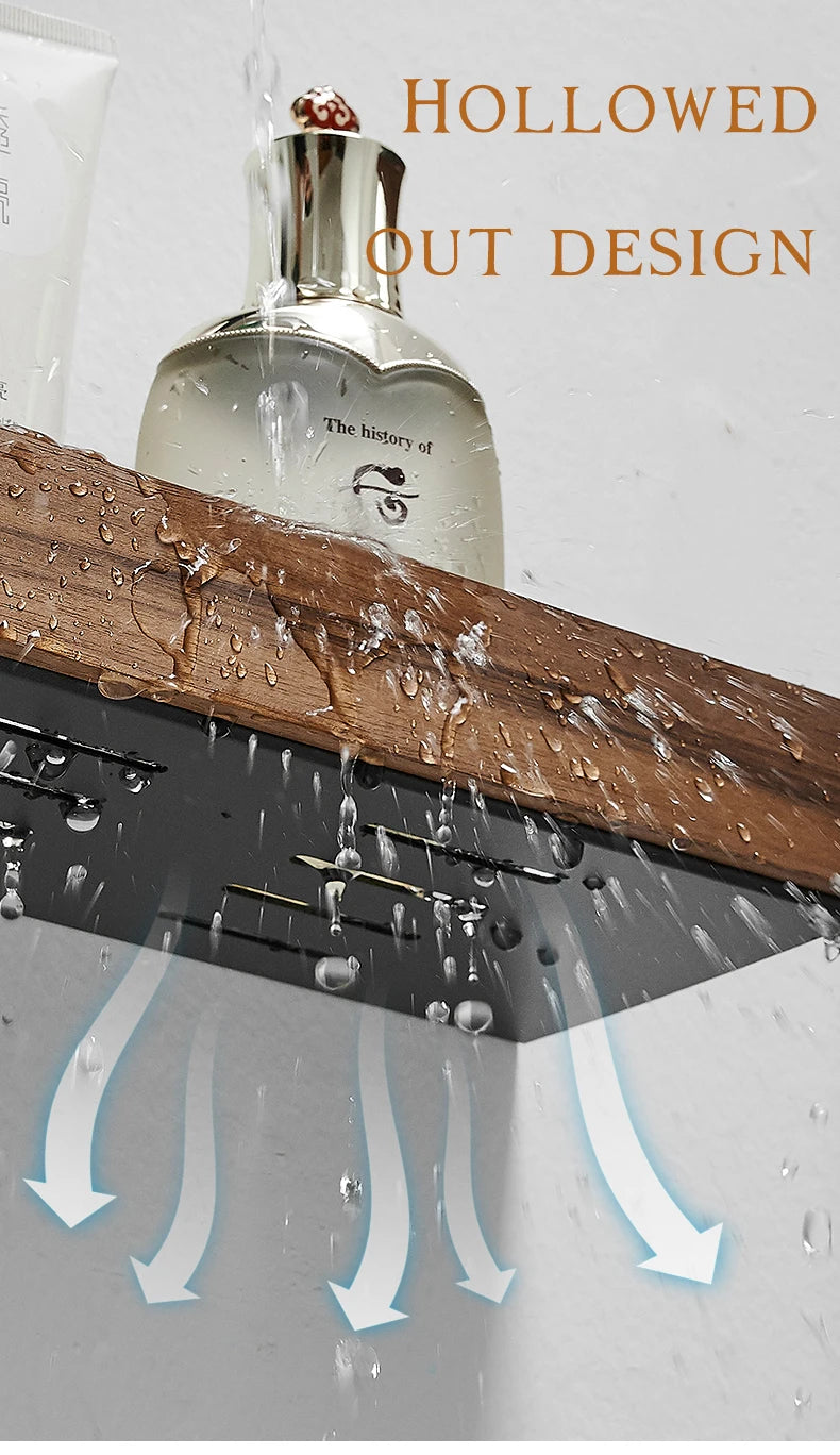 Bathroom Shelf No Drill Organizer Shower Storage Rack Solid Wood Corner Shelves Wall Mounted Toilet Shampoo Holder