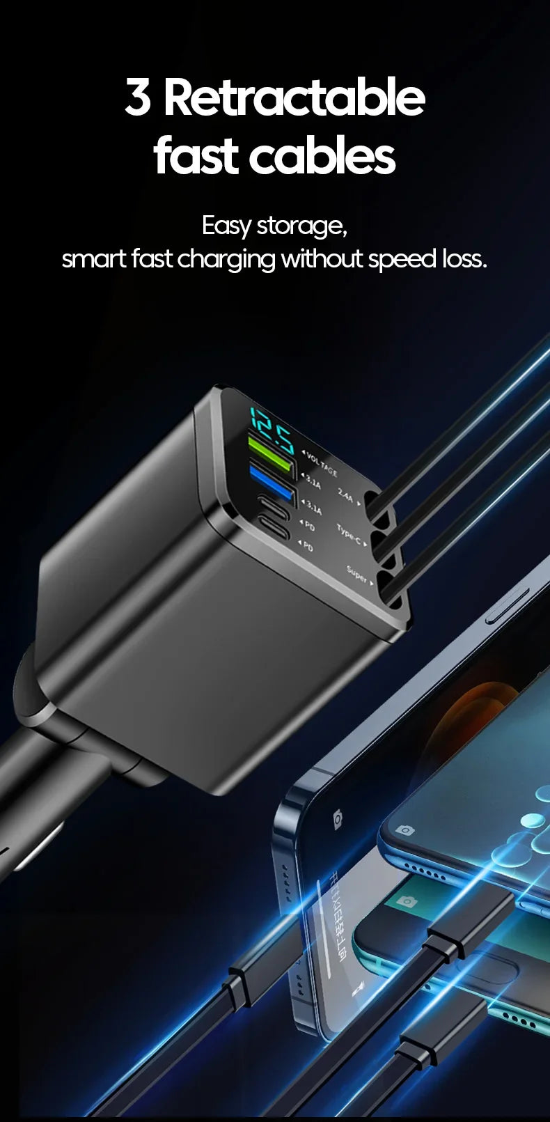 7-in-1 Retractable Car Charger Fast Charging USB Type-C Power Adapter With LED Retractable Cable for iPhone Xiaomi