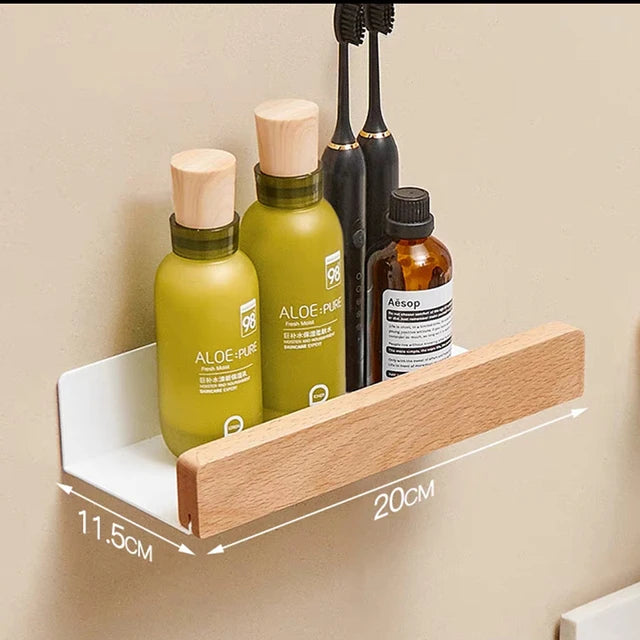 Bathroom Shelf No Drill Organizer Shower Storage Rack Solid Wood Corner Shelves Wall Mounted Toilet Shampoo Holder