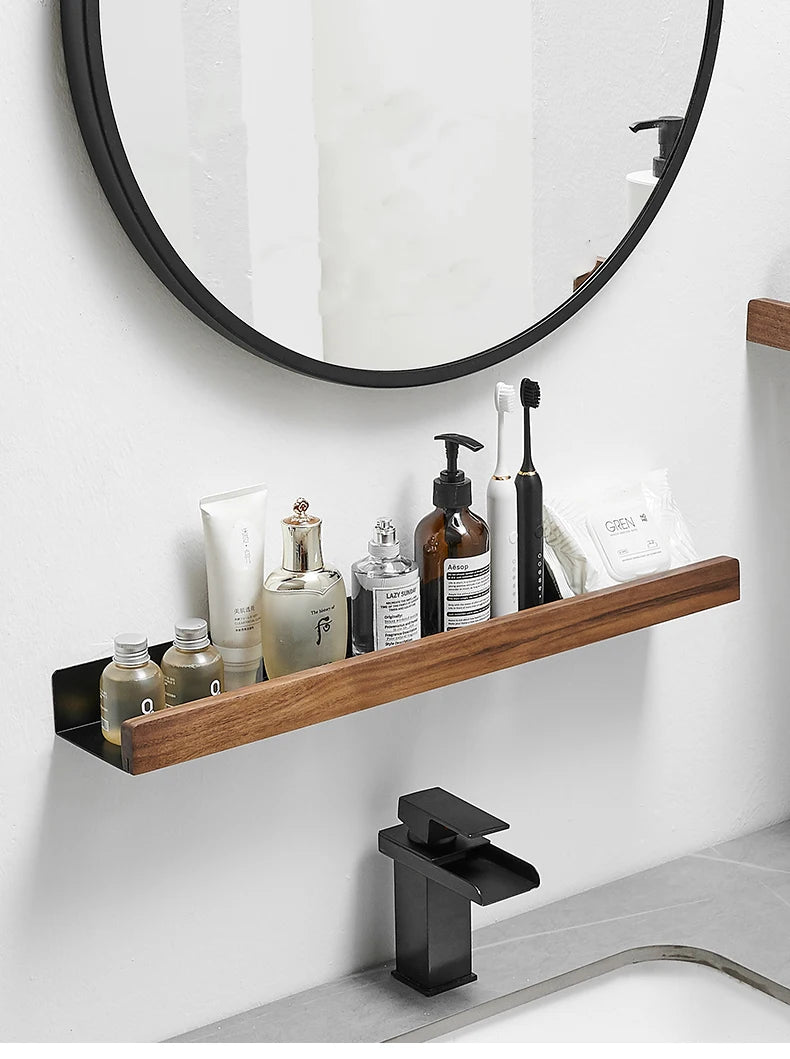 Bathroom Shelf No Drill Organizer Shower Storage Rack Solid Wood Corner Shelves Wall Mounted Toilet Shampoo Holder