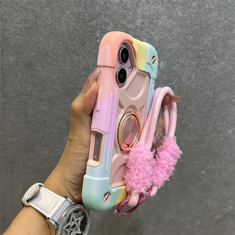 Luxury Heavy Duty Ring Holder Lanyard Case for iPhone 17 ProMax 16e PC TPU Armor Cover for iPhone 11 12 13 14 15 16 Pro Max Plus