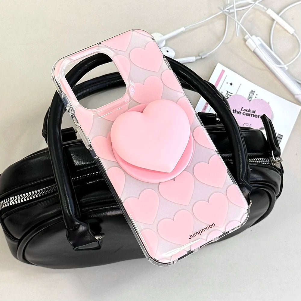 Cute Pink Heart Love Magnetic Grip Tok Phone Case for iPhone 16 15 14 13 Pro Max Wireless Charge For Magsafe Stand Holder Cover