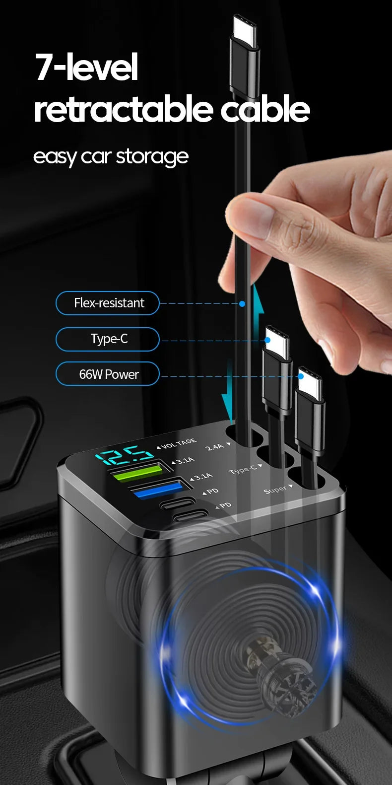 7-in-1 Retractable Car Charger Fast Charging USB Type-C Power Adapter With LED Retractable Cable for iPhone Xiaomi