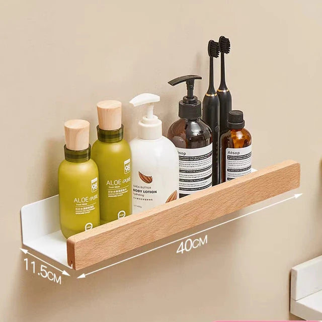 Bathroom Shelf No Drill Organizer Shower Storage Rack Solid Wood Corner Shelves Wall Mounted Toilet Shampoo Holder