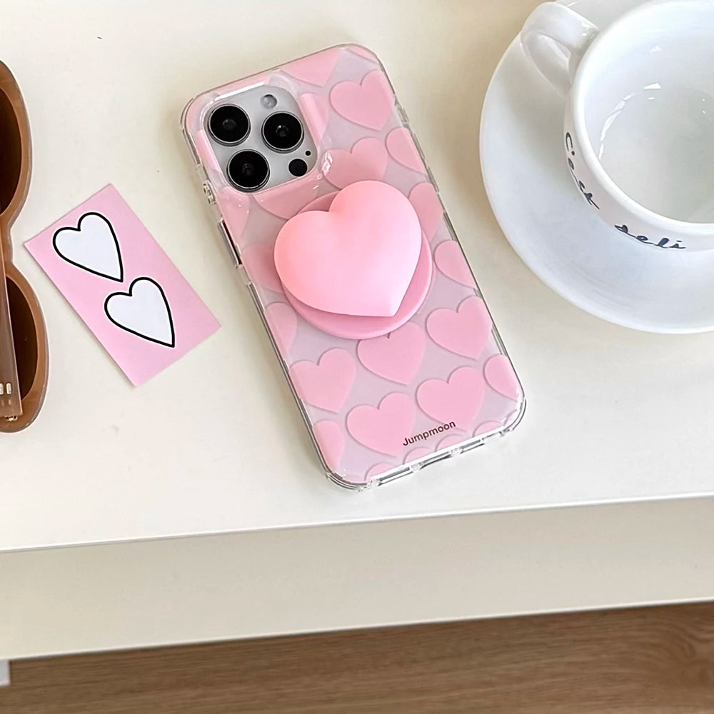 Cute Pink Heart Love Magnetic Grip Tok Phone Case for iPhone 16 15 14 13 Pro Max Wireless Charge For Magsafe Stand Holder Cover