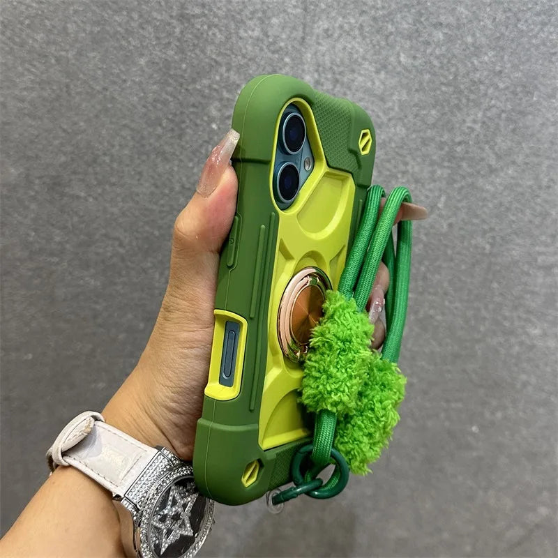 Luxury Heavy Duty Ring Holder Lanyard Case for iPhone 17 ProMax 16e PC TPU Armor Cover for iPhone 11 12 13 14 15 16 Pro Max Plus