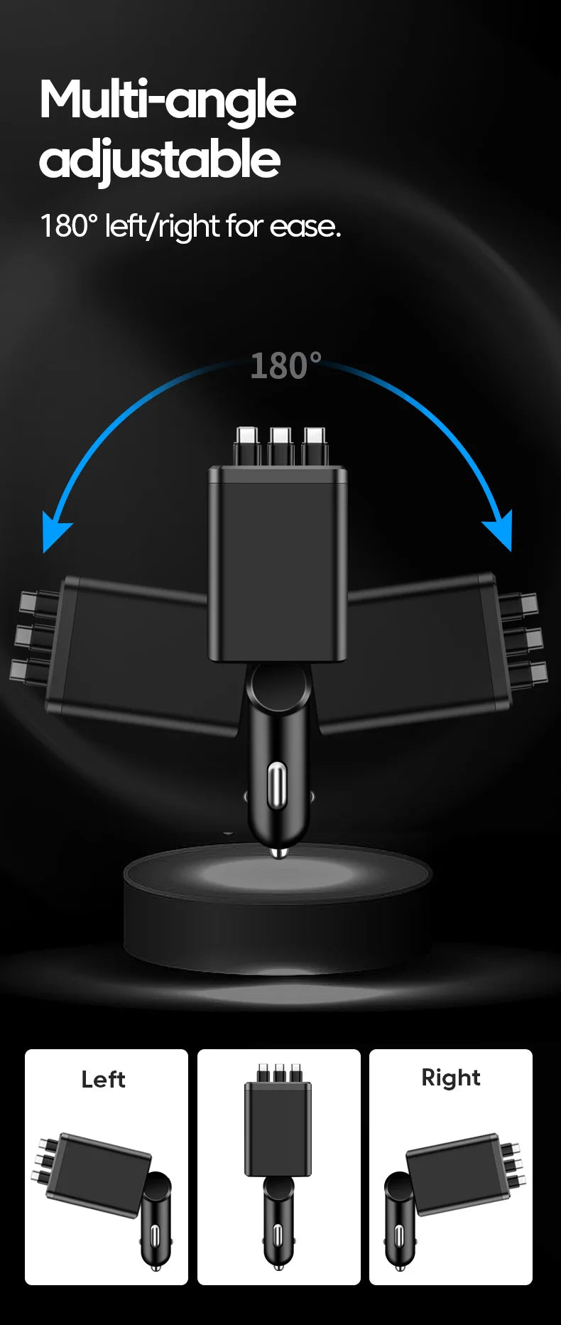 7-in-1 Retractable Car Charger Fast Charging USB Type-C Power Adapter With LED Retractable Cable for iPhone Xiaomi