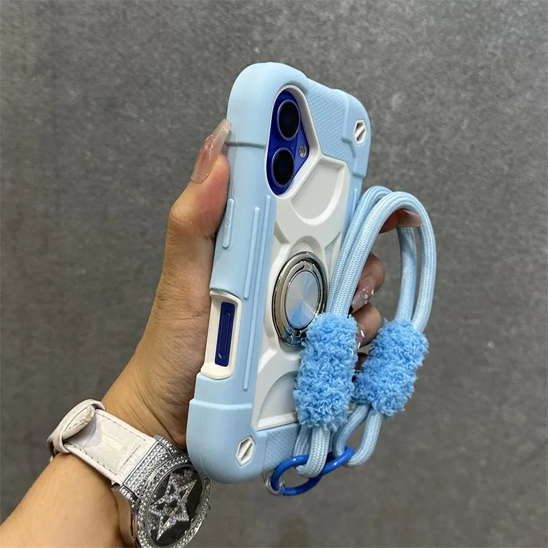Luxury Heavy Duty Ring Holder Lanyard Case for iPhone 17 ProMax 16e PC TPU Armor Cover for iPhone 11 12 13 14 15 16 Pro Max Plus