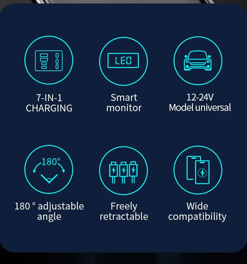 7-in-1 Retractable Car Charger Fast Charging USB Type-C Power Adapter With LED Retractable Cable for iPhone Xiaomi