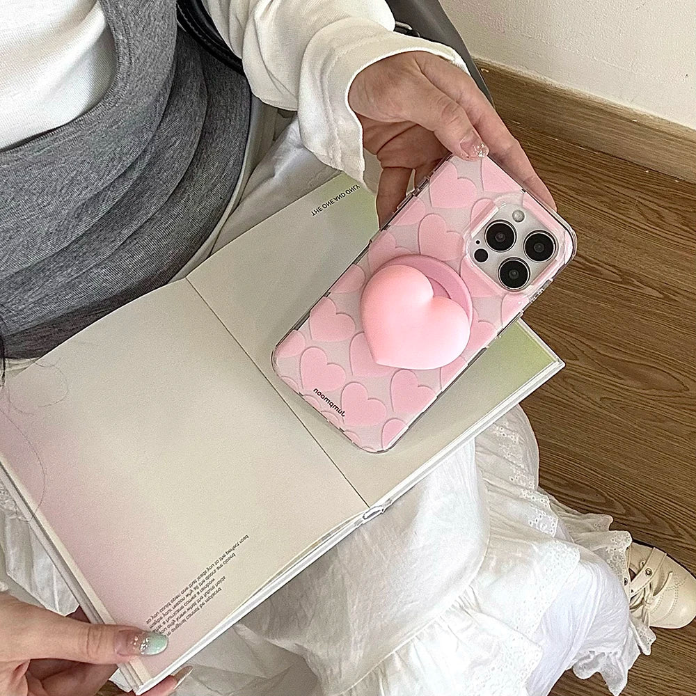 Cute Pink Heart Love Magnetic Grip Tok Phone Case for iPhone 16 15 14 13 Pro Max Wireless Charge For Magsafe Stand Holder Cover