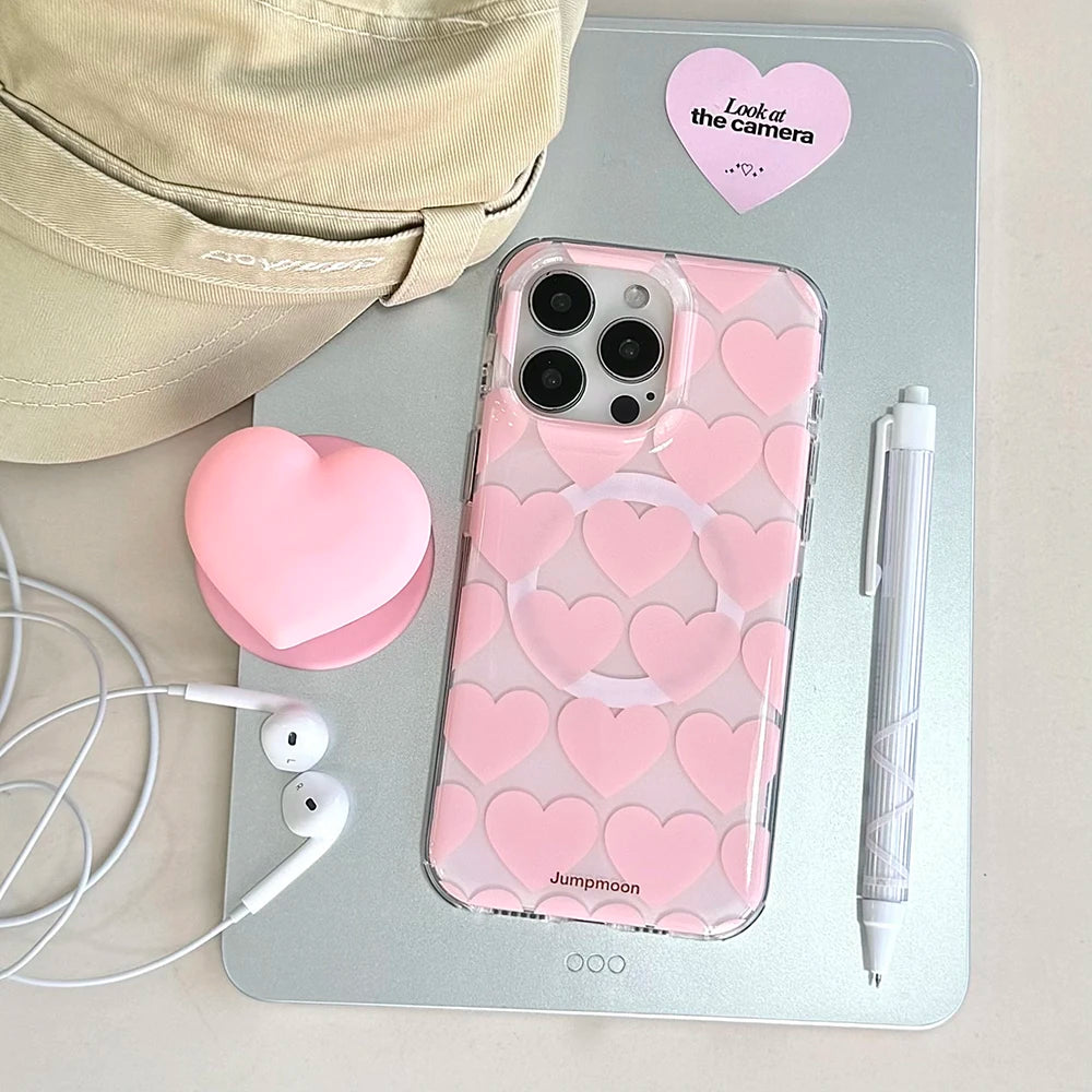 Cute Pink Heart Love Magnetic Grip Tok Phone Case for iPhone 16 15 14 13 Pro Max Wireless Charge For Magsafe Stand Holder Cover