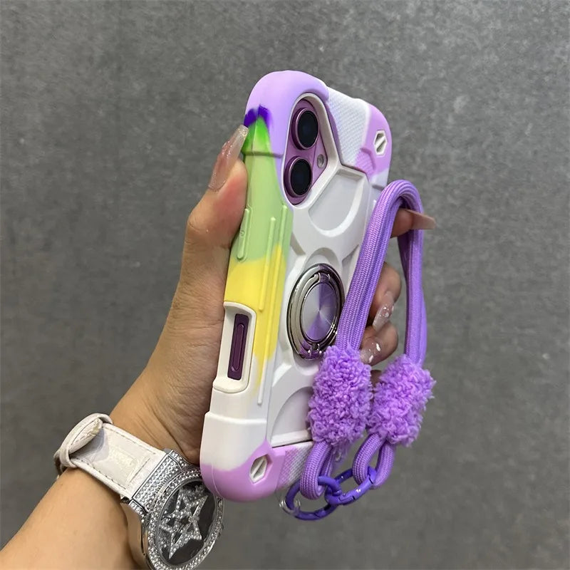 Luxury Heavy Duty Ring Holder Lanyard Case for iPhone 17 ProMax 16e PC TPU Armor Cover for iPhone 11 12 13 14 15 16 Pro Max Plus