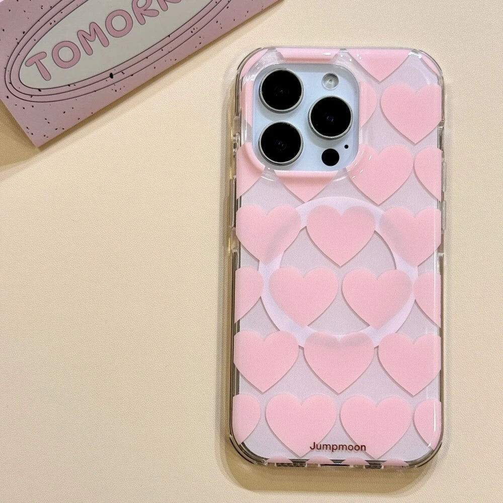 Cute Pink Heart Love Magnetic Grip Tok Phone Case for iPhone 16 15 14 13 Pro Max Wireless Charge For Magsafe Stand Holder Cover