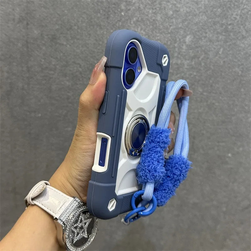 Luxury Heavy Duty Ring Holder Lanyard Case for iPhone 17 ProMax 16e PC TPU Armor Cover for iPhone 11 12 13 14 15 16 Pro Max Plus