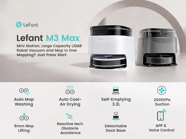 Lefant M3 Max Robot Vacuum, Robot Vacuum and Mop, 20000Pa Suction, Anti-Tangle Brushes, Dual Spinning Mop, Auto Mop Washing