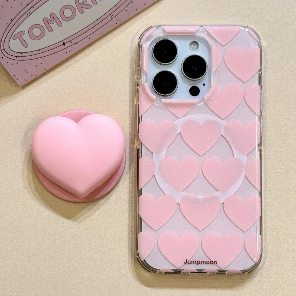 Cute Pink Heart Love Magnetic Grip Tok Phone Case for iPhone 16 15 14 13 Pro Max Wireless Charge For Magsafe Stand Holder Cover