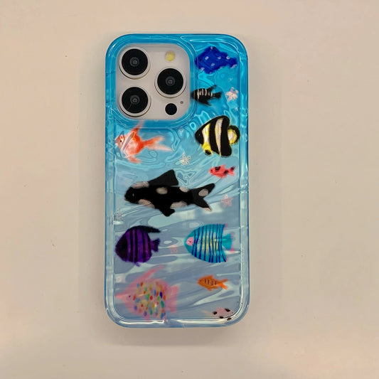Korean Ins Ripple Texture Aquaria Lovely Fishes Case for iPhone 17 16 15 14 13 11 Pro Max Plus Back Phone Cover for 12 Pro Max