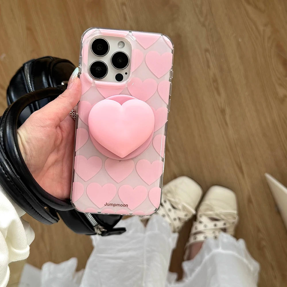 Cute Pink Heart Love Magnetic Grip Tok Phone Case for iPhone 16 15 14 13 Pro Max Wireless Charge For Magsafe Stand Holder Cover